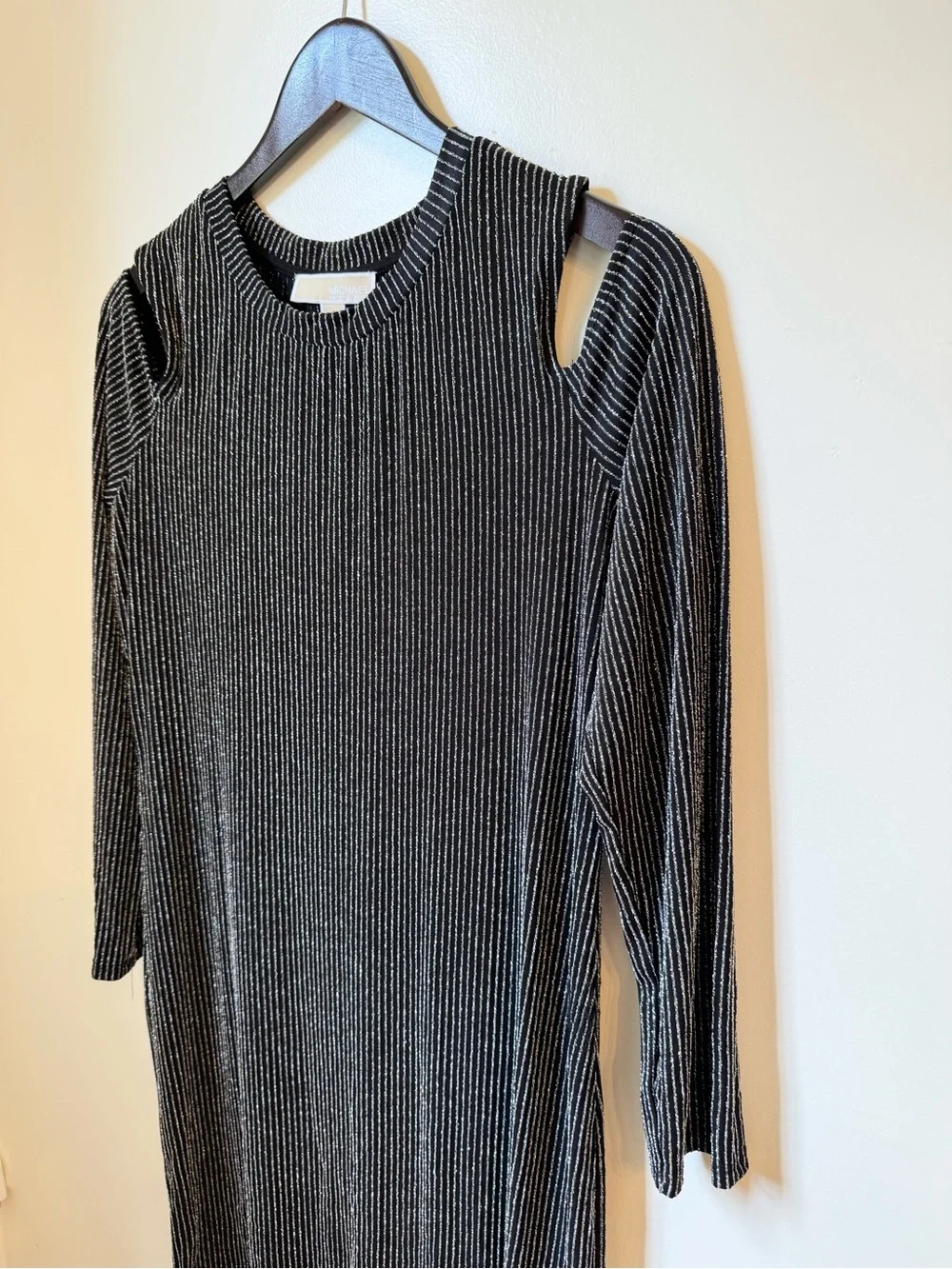 Michael Kors Black and Silver Metallic Striped Cold-Shoulder Ribbed Dress